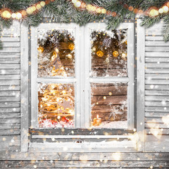 Wall Mural - christmas old white window with decorations.