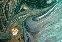 Marbled Green Abstract Background With Golden Sequins. Liquid Marble Ink Pattern.