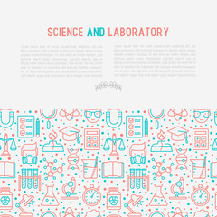  Science and laboratory concept with thin line icons of scientist, dna, microscope, scales, magnet, respirator, spirit lamp. Vector illustration for banner, web page, print media.