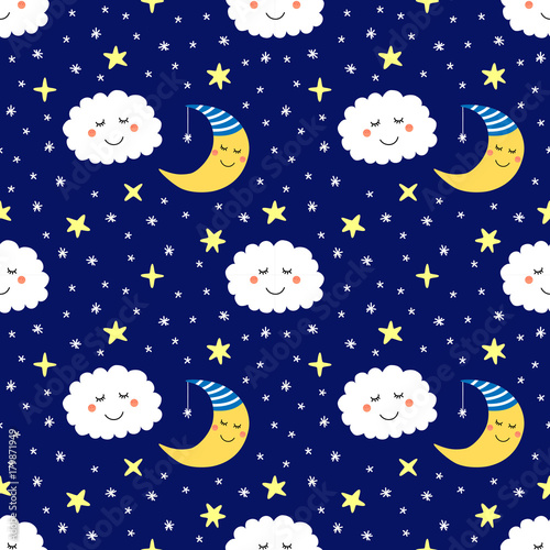 Cotton fabric Cute seamless pattern with funny cartoon characters of sleeping moon, stars and clouds