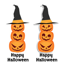 Three Cheerful Pumpkins With Different Emotions Stand On Each Other. Pumpkin With A Witch Hat On His Head. Sticker. The Inscription "happy Halloween"
