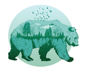 Wall Mural - Double exposure, wild bear and forest