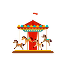 Vector Flat Amusement Park Concept. Merry Go Round, Funfair Carnival Vintage Flying Horse Carousel Colored Icon. Isolated Illustration On A White Background.