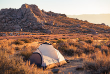 Sunrise On A Tent Pitched In The High Desert Of Bishop, California Surrounded By The Mountains Of The Sierra Nevada