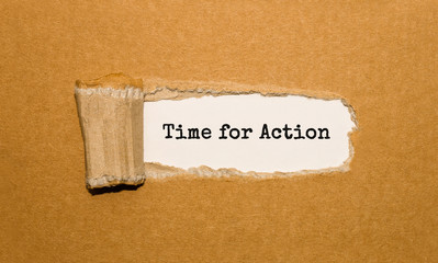 Fototapete - The text Time for Action appearing behind torn brown paper