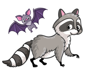 Wall Mural - Raccoon and bat on a white background. Vector illustration in a cartoon style.