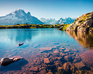 Wall Mural - Colorful summer view ofthe Lac Blanc lake with Mont Blanc (Monte Bianco) on background, Chamonix location.