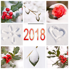 Wall Mural - 2018, snow and winter red and white nature photos collage