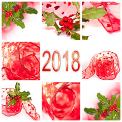 Wall Mural - 2018 red ribbon and holly square greeting card
