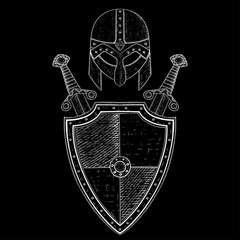 Wall Mural - Viking warrior set - shield, swords and helmet. Hand drawn sketch on black background