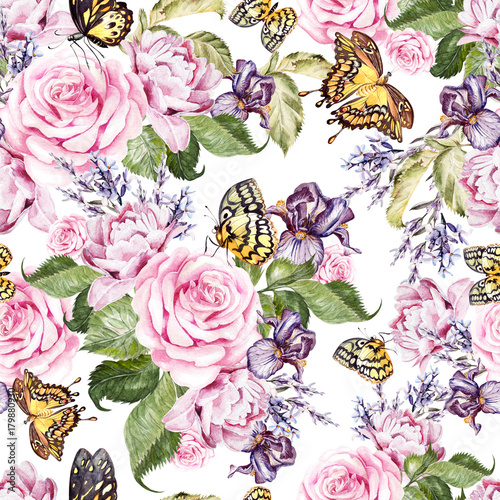 Beautiful watercolor pattern with peony and rose flowers, lavender and iris. ...