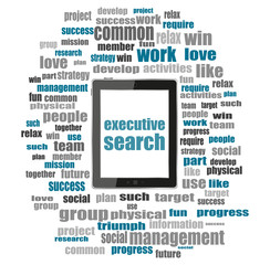 Poster - Text executive search. Management concept . Word collage with tablet pc