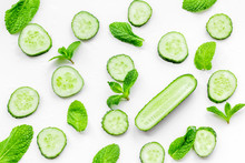 Skin Care At Home. Sliced Cucumber Pattern On White Background Top View