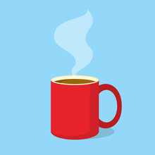 Red Coffee Mug With Steam In Flat Design Style. Vector Illustration