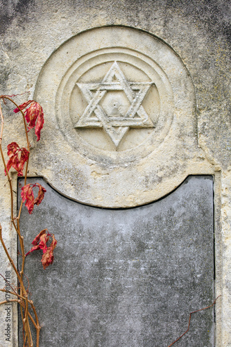 Fotografía Jewish Headstone flowers stone symbol embem background cemetery old granit marbl