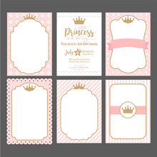 A Set Of Cute Pink Templates For Invitations. Vintage Gold Frame With Crown. A Little Princess Party. Baby Shower, Wedding, Girl Birthday Invite Card. Can Be Used For Printing In A5 Paper.