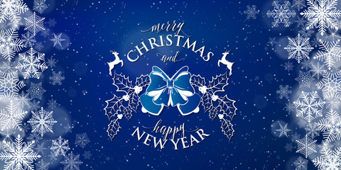 Wall Mural - merry christmas and happy new year typography text sign on blue background