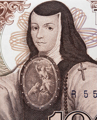 Wall Mural - Sor Juana Ines de la Cruz portrait on Mexico 1000 pesos (1985) banknote closeup macro, philosopher, composer, and poet of the Baroque school, Mexican money close up..