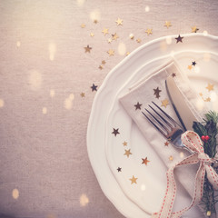 Wall Mural - New Year eve 2021, Christmas food lunch, dinner table place setting, festive background