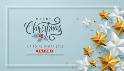 merry christmas sale background decorated with gold and silver stars.vector illustration template.