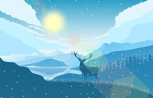 Winter Mountains Landscape With Deer On The Hills