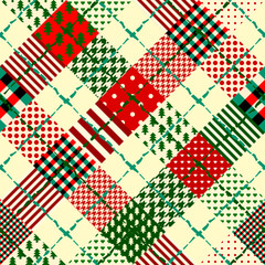 Poster - Seamless Christmas background in patchwork style. Interweaving ribbons with Christmas patterns on red background.