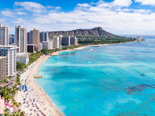 Waikiki Beach And Diamond Head Crater Including The Hotels And Buildings In Waikiki, Honolulu, Oahu Island, Hawaii. Waikiki Beach In The Center Of Honolulu Has The Largest Number Of Visitors In Hawaii