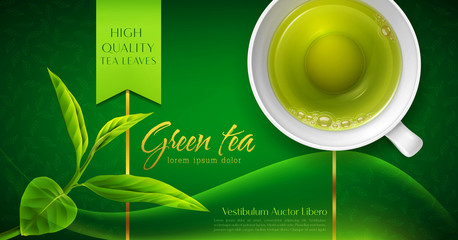 Vector 3d illustration with a mug of green tea and leaves on a green background. Template for packing. Element for design, advertising of product promotion, banner