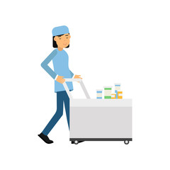 Wall Mural - Cartoon medical worker pushing serving trolley with medicines