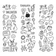 © helen_f - School, kindergarten. Happy children. Creativity, imagination doodle icons with kids. Play, study, grow Happy students Science and research Adventure Explore