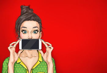 Girl with phone in the hand in comic style. Woman with smartphone. Digital advertisement. Woman with phone. Girl with phone. Girl showing the mobile phone. wow, omg, sale, news, cool, pin up, pop, art