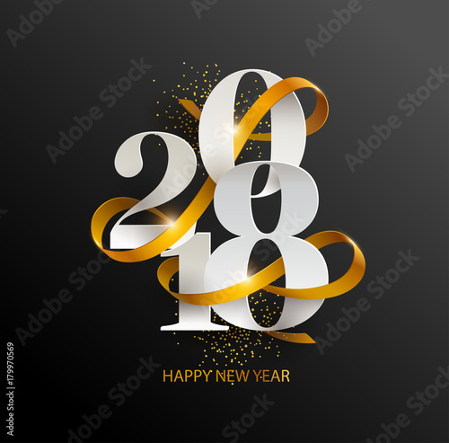 New Years 2018. Greeting card with date and ribbon Plakát