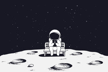 Astronaut Sits On The Bench And See To Mobile Phone.Spaceman On Moon.Vector Illustration