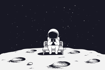 astronaut sits on the bench and see to mobile phone.spaceman on moon.vector illustration