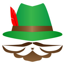 Green German Alpine Octoberfest Hat With Red Feathers. Hunter Hat With Feather.  Traditional Bavarian Hunting Hat With Feather And Sign Moustache, Bearder. Octoberfest Symbol. Colorful Illustration.
