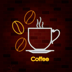 Poster - hot coffee drinking cup on dish and coffee beans in neon sign on brick wall