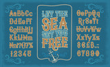 Fototapeta  - Vector retro white serif font, the Latin alphabet, numbers and symbols on blue background in frame from the ships anchor and rope. Vintage signboard for yacht club, advertising of sailing competitions