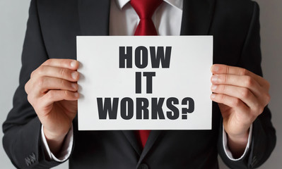 Poster - businessman holding a card with text how it works