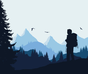 Wall Mural - Vector illustration of a mountain landscape with a forest and flying birds and a tourist