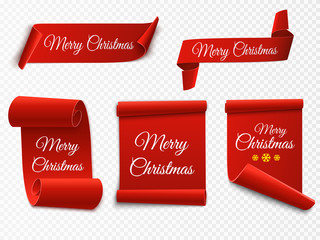 Poster - Merry Christmas red paper banner. Set of Xmas stickers isolated. Vector