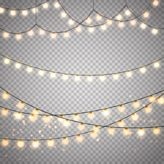 Poster - Christmas lights isolated on transparent background. Vector xmas glowing garland.