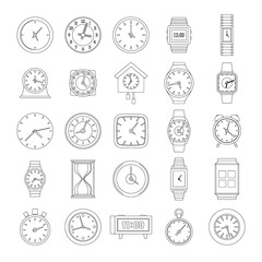 Poster - Time and clock icons set, outline style