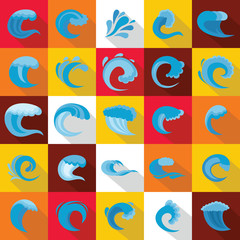 Poster - water wave icons set, flat style