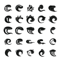 Poster - water wave icons set, simple style