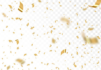 falling shiny golden confetti isolated on transparent background. bright festive tinsel of gold colo
