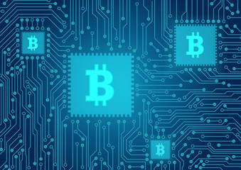 Poster - Bitcoin concept vector illustration. Cryptocurrency electronic payments. Bitcoin sign on the computer processor. Blockchain technology.