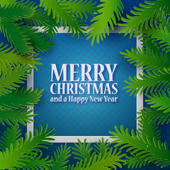 Wall Mural - Christmas and New Year blue colored background with green paper fir tree branches. Holiday decoration, Vector illustration. Card, banner, poster. Retro material designed applique and text greetings
