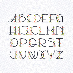 Leinwandbilder - Decorative art deco mono line font with color leaves and floral elements. Latin alphabet of vintage elegant romantic letters.