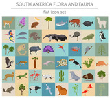 Fototapeta Dinusie - South America flora and fauna flat elements. Animals, birds and sea life big set. Build your geography infographics collection