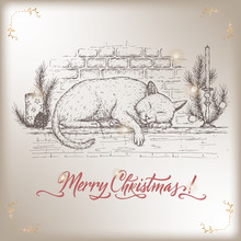 Vintage Christmas Card With Cat Sleeping On Decorated Fireplace Mantel And Holiday Brush Lettering